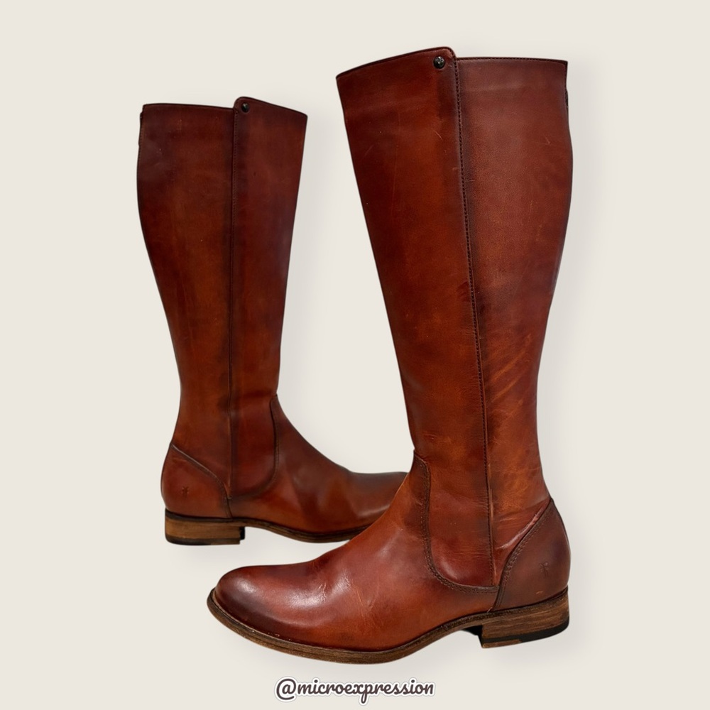 Frye Melissa Stud Brown Leather Back Zip Equestrian Riding Tall Knee High Boot - Picture 4 of 13